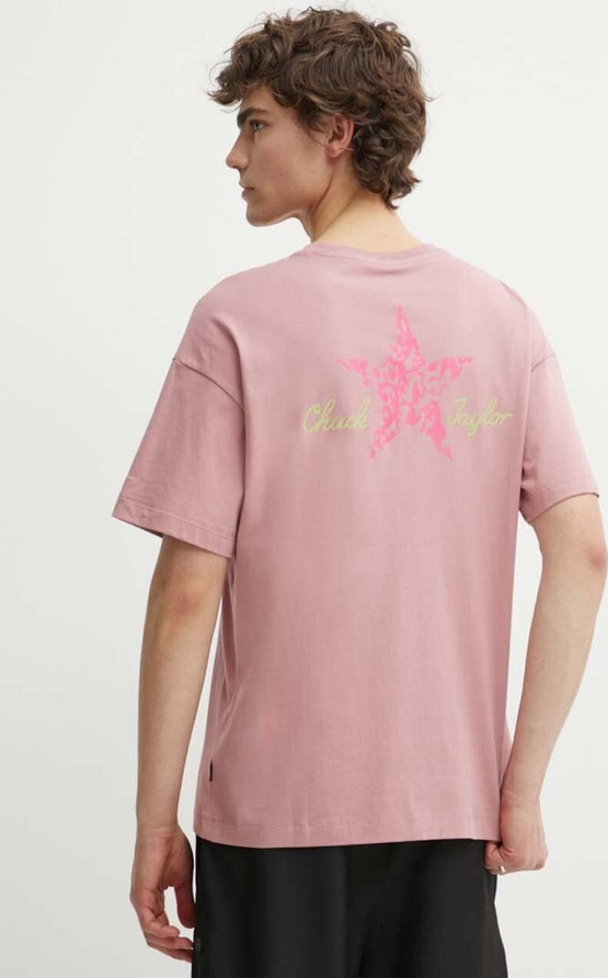 Różowy t-shirt Converse z krótkim rękawem w młodzieżowym stylu z bawełny