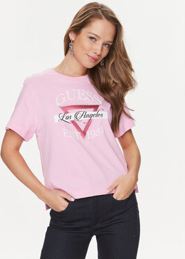 Różowy t-shirt Guess w młodzieżowym stylu
