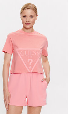 Różowy t-shirt Guess w młodzieżowym stylu z krótkim rękawem