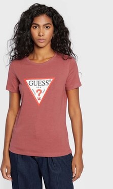 Różowy t-shirt Guess w młodzieżowym stylu z okrągłym dekoltem
