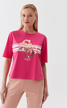 Różowy t-shirt Guess w młodzieżowym stylu z okrągłym dekoltem z krótkim rękawem