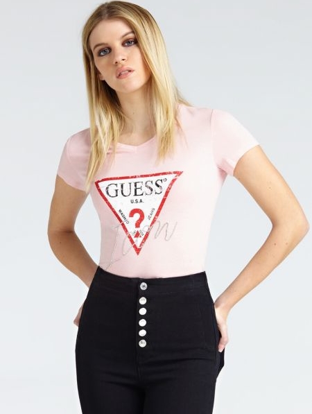 Różowy t-shirt Guess w stylu casual z krótkim rękawem