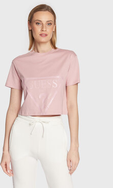 Różowy t-shirt Guess w stylu casual z krótkim rękawem
