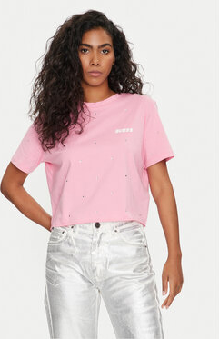 Różowy t-shirt Guess w stylu casual z okrągłym dekoltem z krótkim rękawem