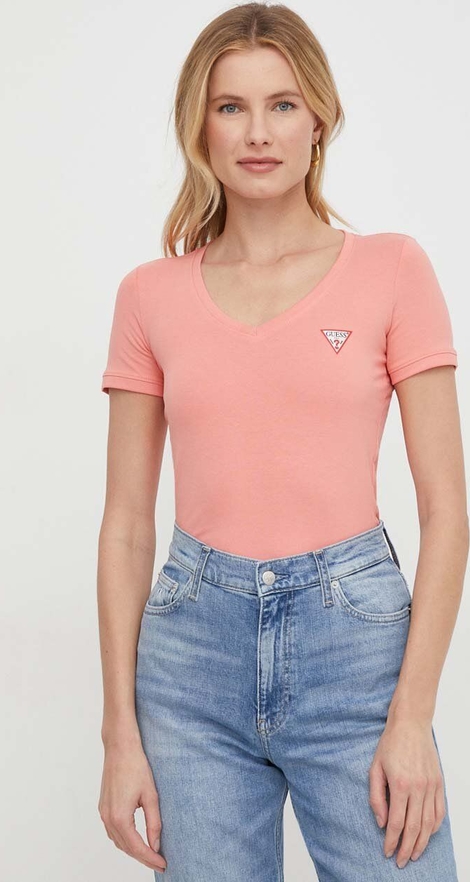 Różowy t-shirt Guess z bawełny