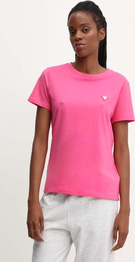 Różowy t-shirt Guess z bawełny w sportowym stylu z krótkim rękawem