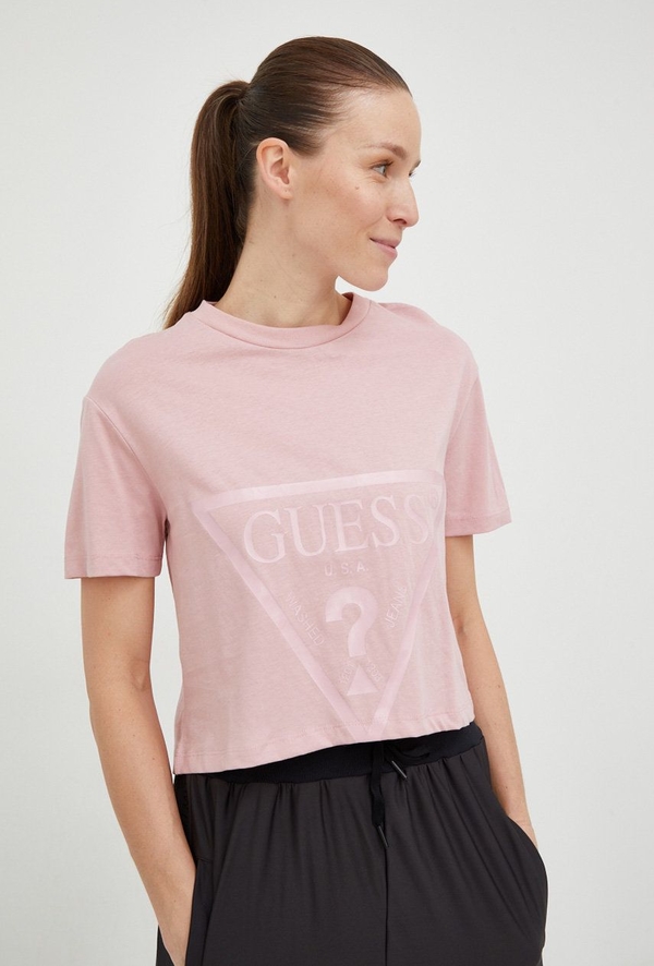 Różowy t-shirt Guess z bawełny z krótkim rękawem z okrągłym dekoltem