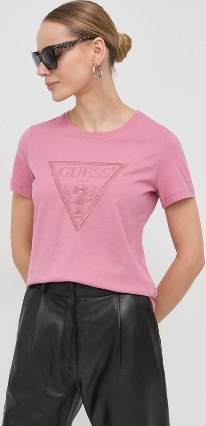 Różowy t-shirt Guess z dzianiny z okrągłym dekoltem z krótkim rękawem