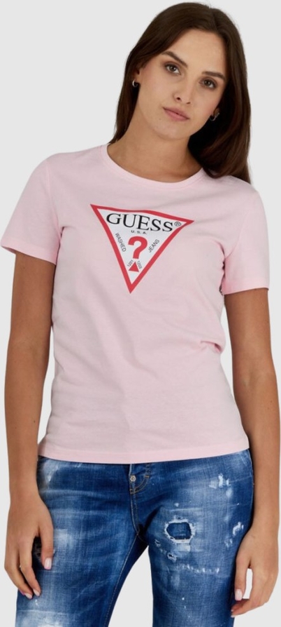 Różowy t-shirt Guess z krótkim rękawem w młodzieżowym stylu