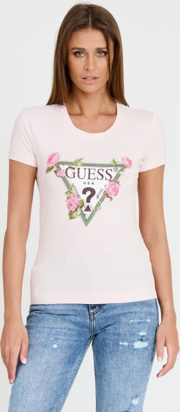 Różowy t-shirt Guess z krótkim rękawem w młodzieżowym stylu z okrągłym dekoltem