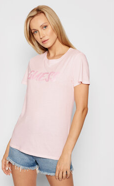 Różowy t-shirt Guess z krótkim rękawem w stylu casual