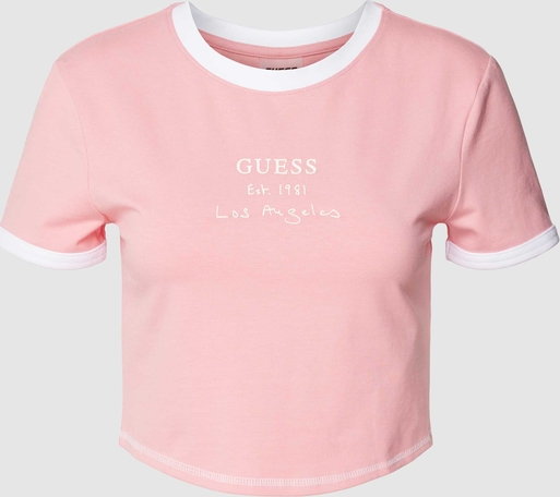 Różowy t-shirt Guess z okrągłym dekoltem w młodzieżowym stylu