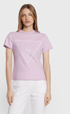 Różowy t-shirt Guess z okrągłym dekoltem w stylu casual