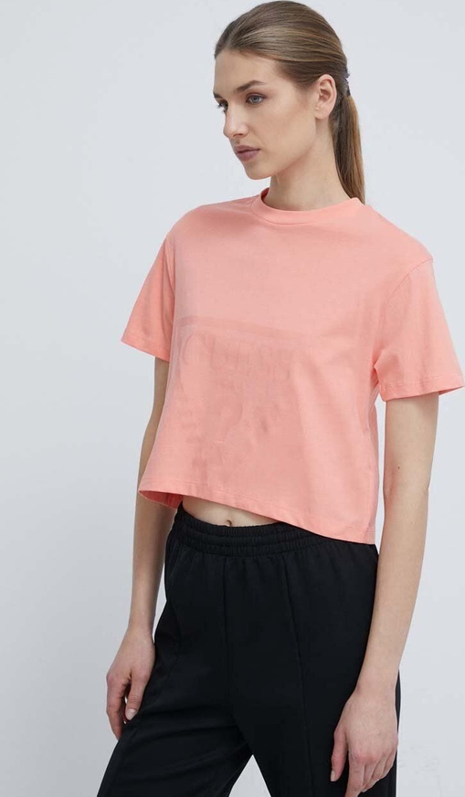 Różowy t-shirt Guess z okrągłym dekoltem z bawełny z krótkim rękawem