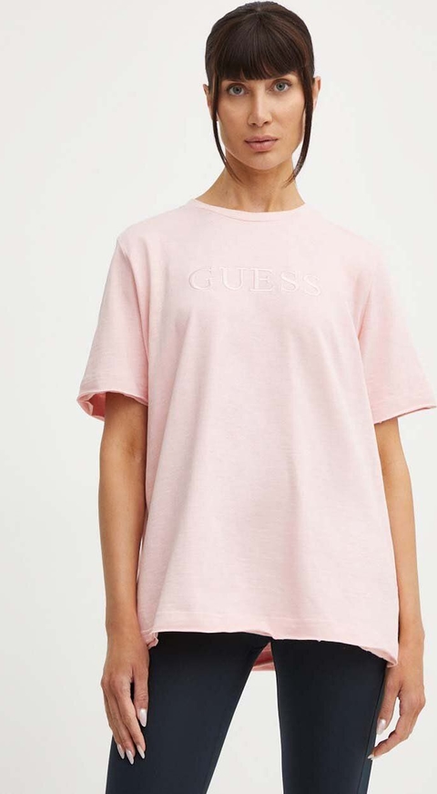 Różowy t-shirt Guess z okrągłym dekoltem z krótkim rękawem