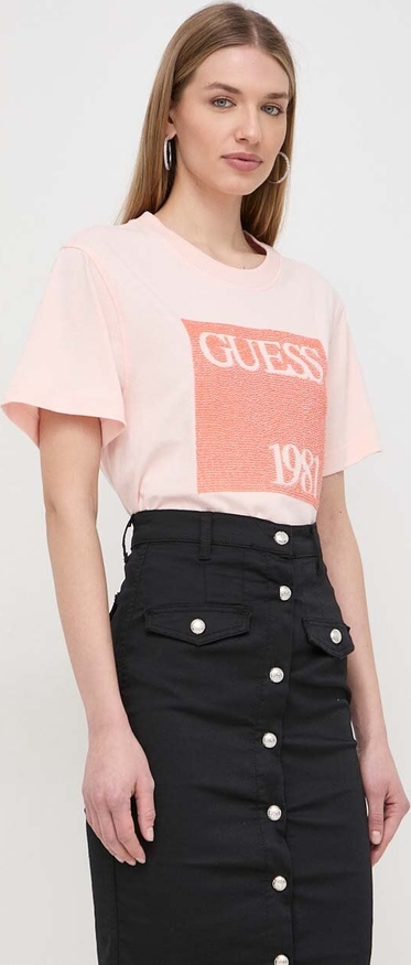 Różowy t-shirt Guess z okrągłym dekoltem z krótkim rękawem z bawełny