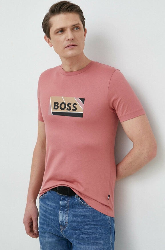 Różowy t-shirt Hugo Boss z bawełny w młodzieżowym stylu z krótkim rękawem