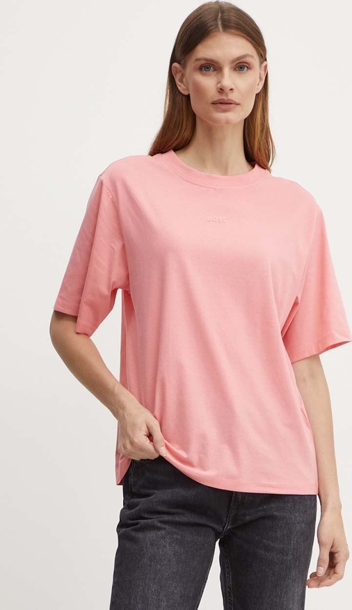 Różowy t-shirt Hugo Boss z krótkim rękawem z okrągłym dekoltem