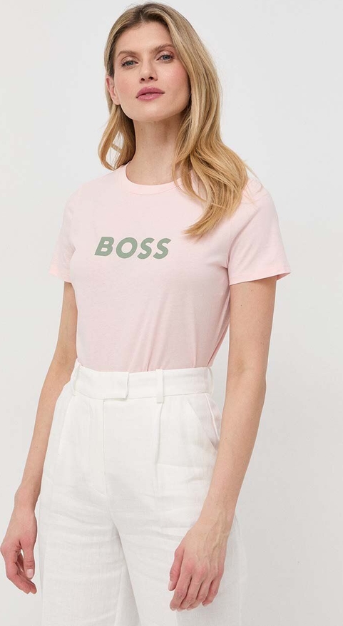 Różowy t-shirt Hugo Boss z okrągłym dekoltem w młodzieżowym stylu z bawełny