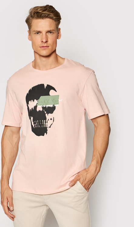 Różowy t-shirt Jack & Jones z bawełny z nadrukiem