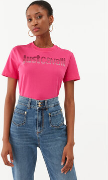 Różowy t-shirt Just Cavalli z okrągłym dekoltem z krótkim rękawem