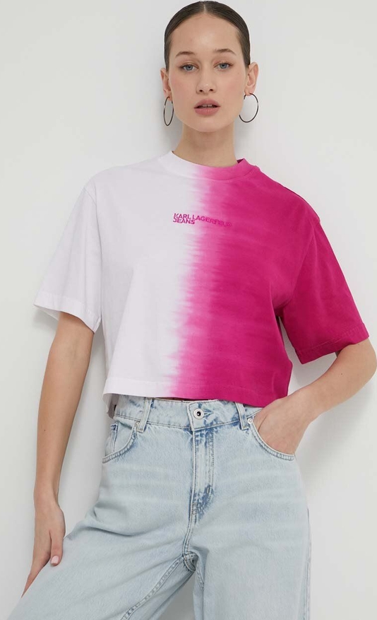 Różowy t-shirt Karl Lagerfeld z krótkim rękawem z okrągłym dekoltem