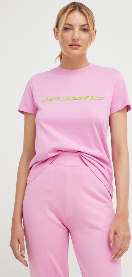 Różowy t-shirt Karl Lagerfeld z okrągłym dekoltem z dzianiny