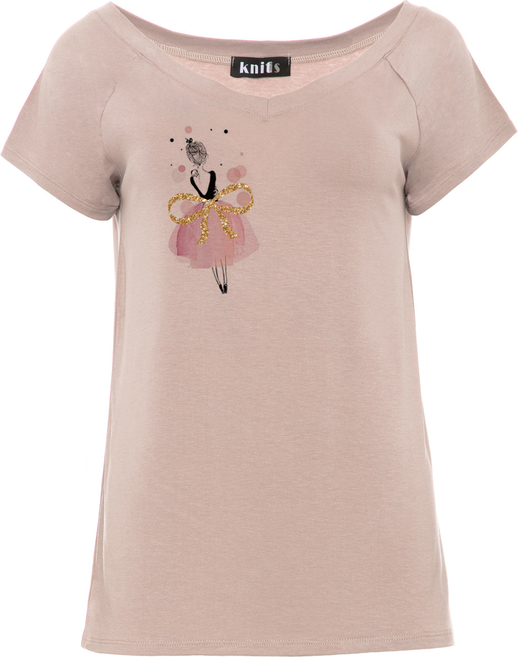 Różowy t-shirt Knitis z okrągłym dekoltem z krótkim rękawem