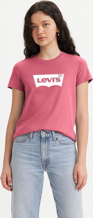 Różowy t-shirt Levis z krótkim rękawem w młodzieżowym stylu z okrągłym dekoltem