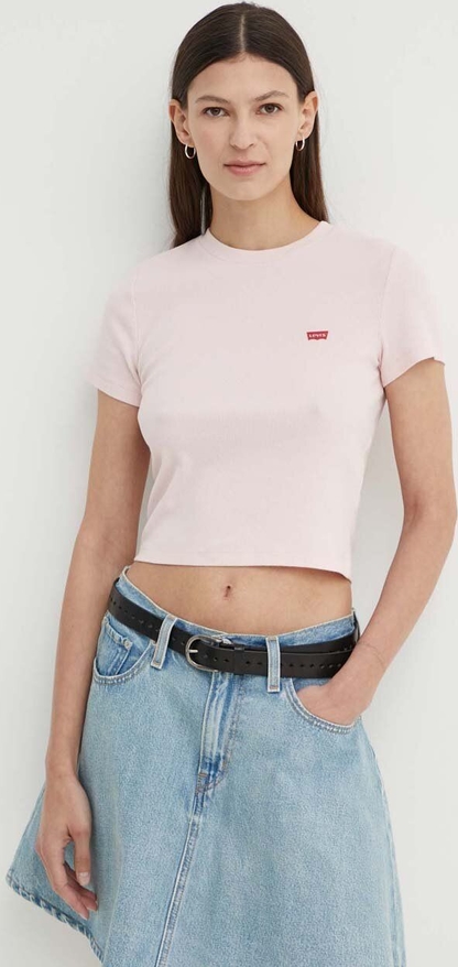 Różowy t-shirt Levis z okrągłym dekoltem z krótkim rękawem