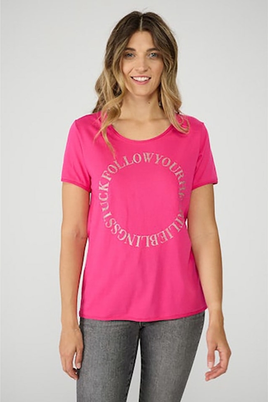 Różowy t-shirt Lieblingsstück z krótkim rękawem z okrągłym dekoltem w młodzieżowym stylu
