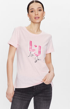 Różowy t-shirt Liu-Jo z krótkim rękawem w sportowym stylu z okrągłym dekoltem