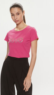 Różowy t-shirt Liu-Jo z okrągłym dekoltem w młodzieżowym stylu z krótkim rękawem