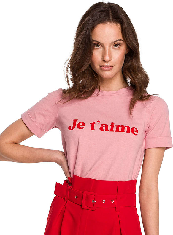 Różowy t-shirt Makover z okrągłym dekoltem w młodzieżowym stylu