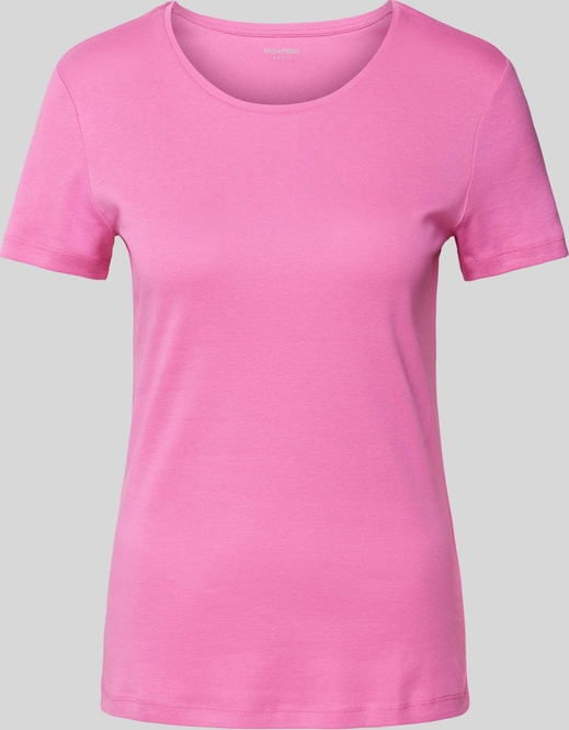 Różowy t-shirt Montego w stylu casual z okrągłym dekoltem