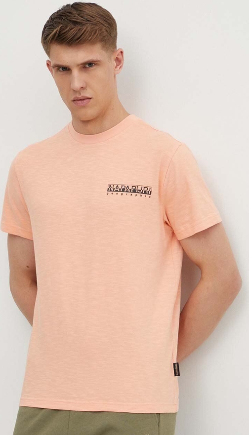 Różowy t-shirt Napapijri z nadrukiem z krótkim rękawem z bawełny