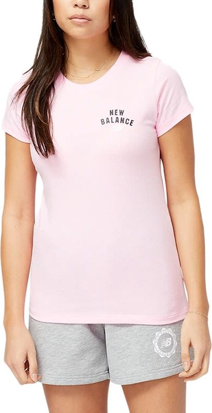 Różowy t-shirt New Balance w sportowym stylu z krótkim rękawem z bawełny