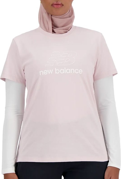 Różowy t-shirt New Balance z krótkim rękawem z bawełny