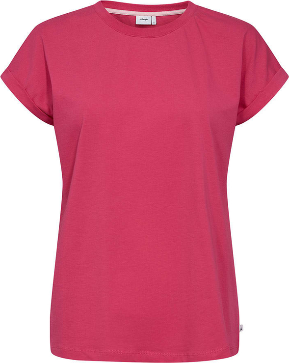 Różowy t-shirt Numph w stylu casual z bawełny z okrągłym dekoltem