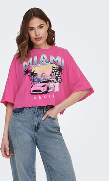 Różowy t-shirt Only z krótkim rękawem z okrągłym dekoltem