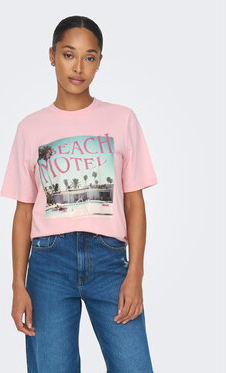 Różowy t-shirt Only z okrągłym dekoltem z krótkim rękawem w młodzieżowym stylu