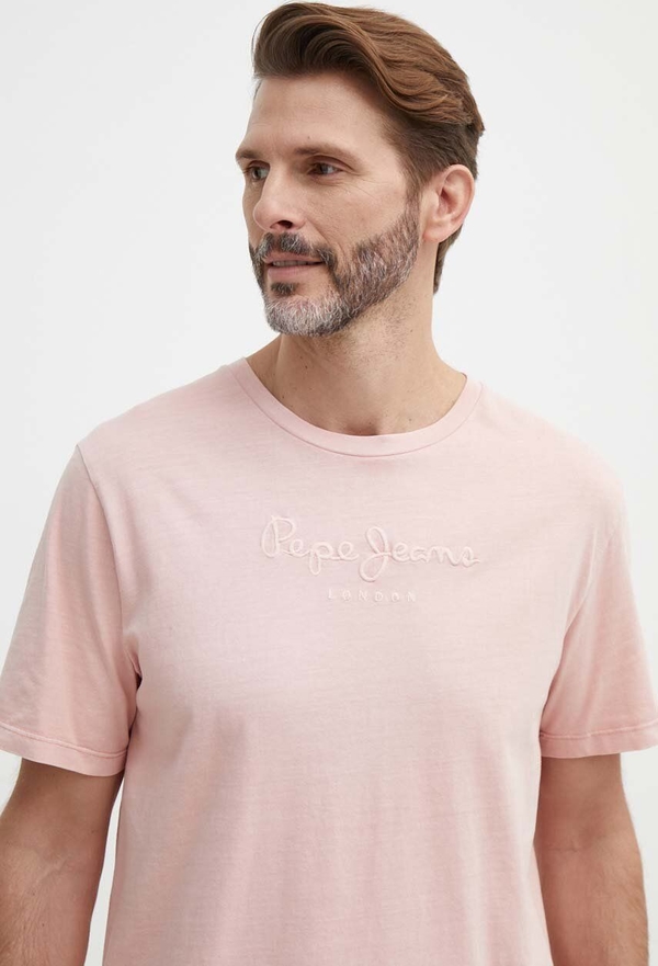 Różowy t-shirt Pepe Jeans w stylu casual z bawełny
