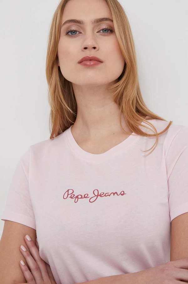 Różowy t-shirt Pepe Jeans z bawełny