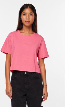 Różowy t-shirt Pieces z okrągłym dekoltem z krótkim rękawem