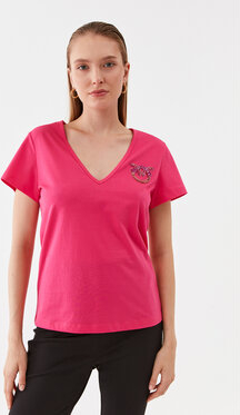 Różowy t-shirt Pinko z krótkim rękawem z dekoltem w kształcie litery v w stylu casual