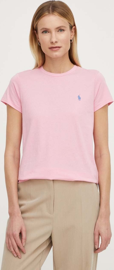 Różowy t-shirt POLO RALPH LAUREN z okrągłym dekoltem z bawełny w stylu casual