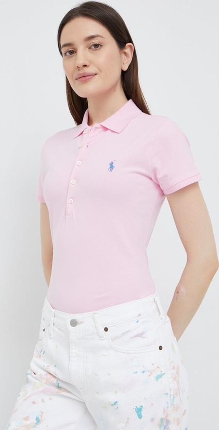 Różowy t-shirt POLO RALPH LAUREN z okrągłym dekoltem z krótkim rękawem w stylu casual