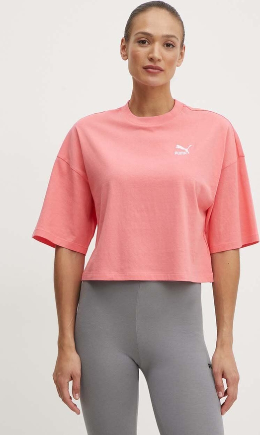 Różowy t-shirt Puma w sportowym stylu z bawełny z krótkim rękawem