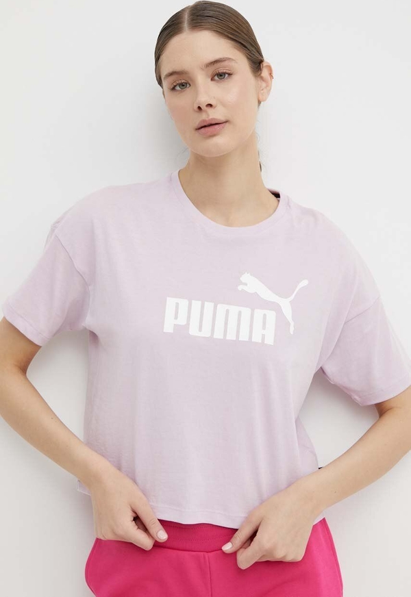 Różowy t-shirt Puma z bawełny z okrągłym dekoltem z krótkim rękawem