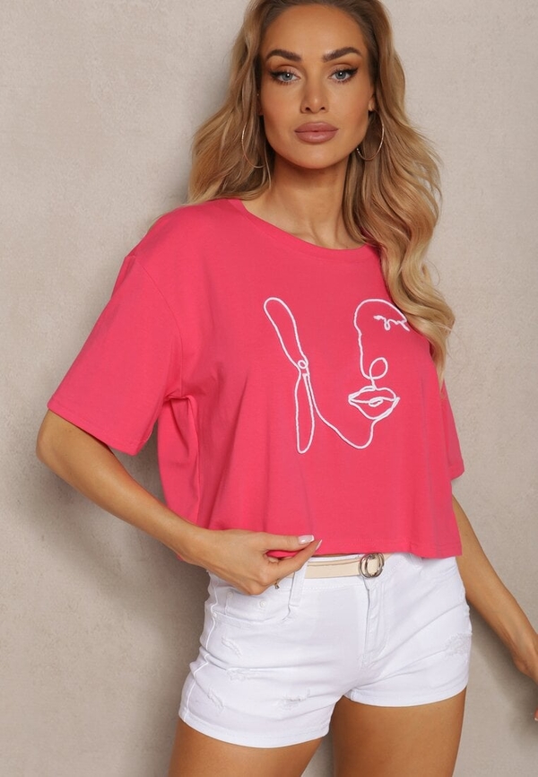 Różowy t-shirt Renee w młodzieżowym stylu z okrągłym dekoltem z bawełny